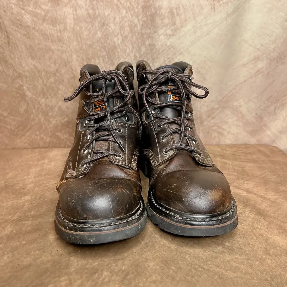Timberland Pro Ankle Lace Up Boot Soft Toe Dark Brown Lug Sole Tread Distressed